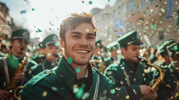 Zdjęcie energiczna orkiestra w zielonych mundurach na paradzie dnia św. patryka