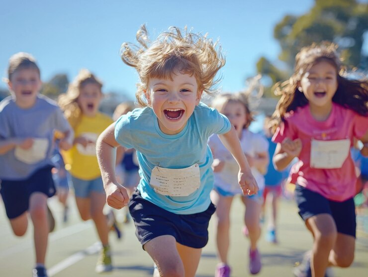 Zdjęcie energiczne uczniowie bawiący się razem w żywy dzień sportowy