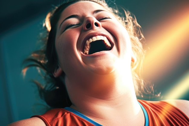 Energiczne zdjęcie z bliska, przedstawiające figlarną kobietę z nadwagą, która śmieje się podczas wykonywania ćwiczeń Generacyjna sztuczna inteligencja