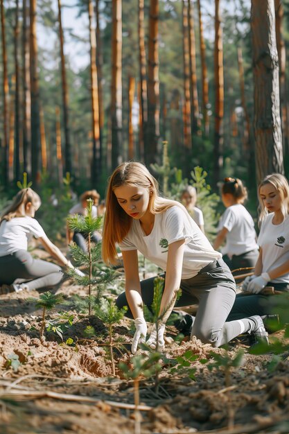 Zdjęcie energiczni młodzi wolontariusze sadzą drzewa na świeżym powietrzu, kopają ziemię i radośnie rozmawiają