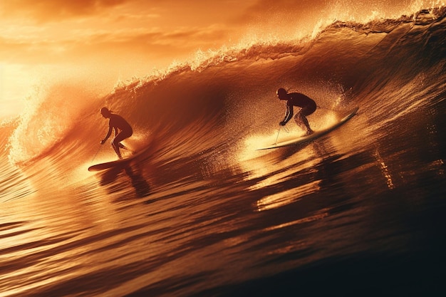 Energiczni surferzy jeżdżący na falach o zachodzie słońca