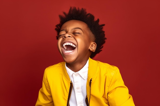 Zdjęcie energiczny afrykański chłopiec śmiejący się radośnie w stylowej kurtce