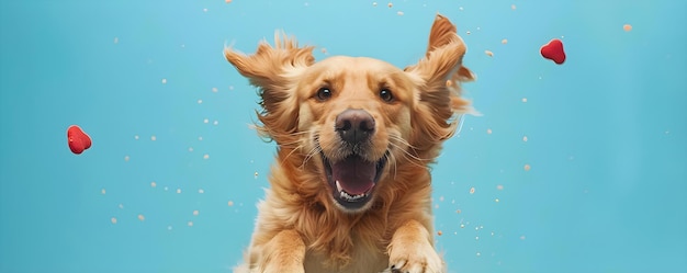Energiczny golden retriever szczęśliwie skaczący na niebieskim tle Concept Pets Dogs Outdoors Action Shot Blue Background