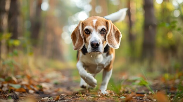 Energiczny pies beagle zabawnie biegnie w żywym jesieniowym lesie z kolorowymi liśćmi i drzewami