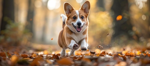 Energiczny pies biegnie w liściastym lesie