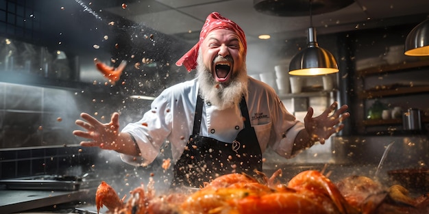 Energiczny szef kuchni cieszy się kulinarną eksplozją w profesjonalnej kuchni dynamiczna akcja gotowania zamrożona w czasie fascynujący obraz dla fanów jedzenia AI