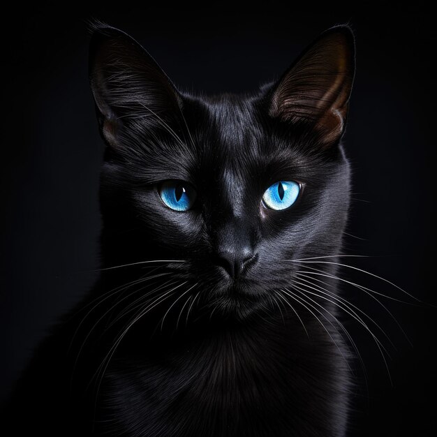 Enigmatyczna elegancja Urzekający czarny kot z hipnotyzującymi niebieskimi oczami na ciemnym tle