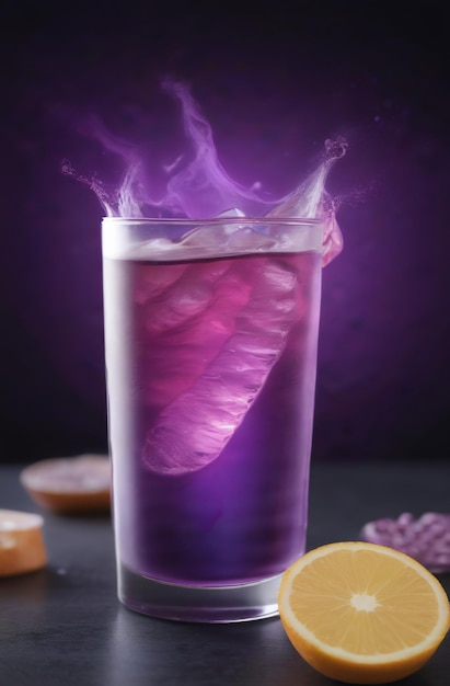 Zdjęcie enigmatyczny eliksir, żywy, świecący fioletowy napój w dynamicznym produkcie, bohaterski strzał generowany przez sztuczną inteligencję.