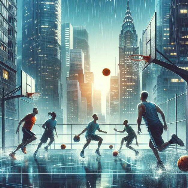 Entuzjaści koszykówki drapacze chmur bouncing krople deszczu niezwykły atletyzm sztuka cyfrowa