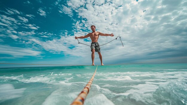 Entuzjast fitness demonstruje umiejętności slacklining na piaszczystym wybrzeżu skupiając się ostrożnie