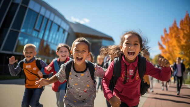 Entuzjastyczne dzieci w wieku szkolnym biegnące w kierunku wejścia do centrum nauki