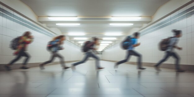 Zdjęcie entuzjastyczni uczniowie z determinacją biegną do zajęć pozaszkolnych
