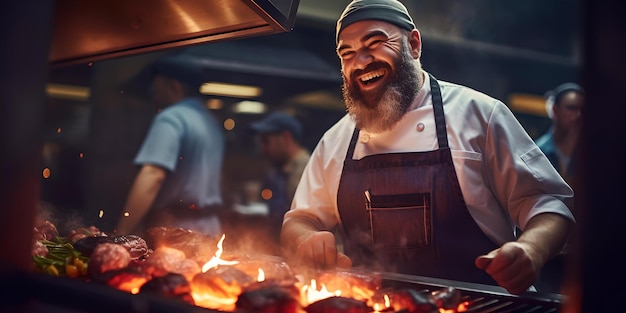 Entuzjastyczny szef kuchni gotujący z ognistą pasją w tętniącej życiem restauracji, grillowane smaki ożywają AI