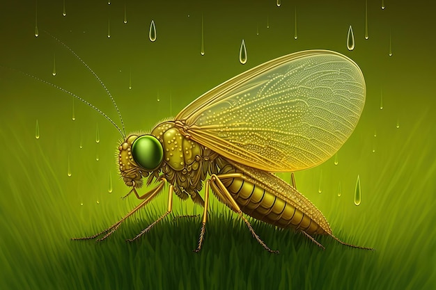 Ephemeroptera mayfly obraz z kroplami rosy na skrzydłach siedzących na trawie