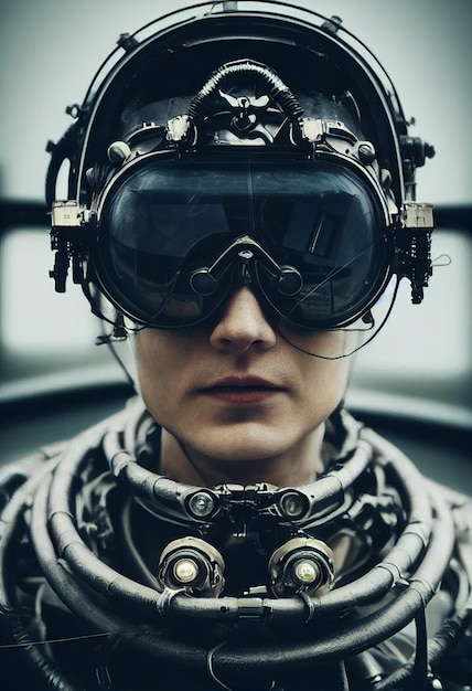 Epic shot film akcji portret futurystycznego pilota myśliwca dieselpunk w kokpicie w okularach pilota myśliwca odzwierciedla maszynę przypominającą czaszkę hełm AI Sieć neuronowa Wygenerowana komputerowo sztuka