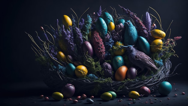 Epicka grafika kolorowych pisanek w gnieździe z ptakiem na ciemnym tle generatywnego ai