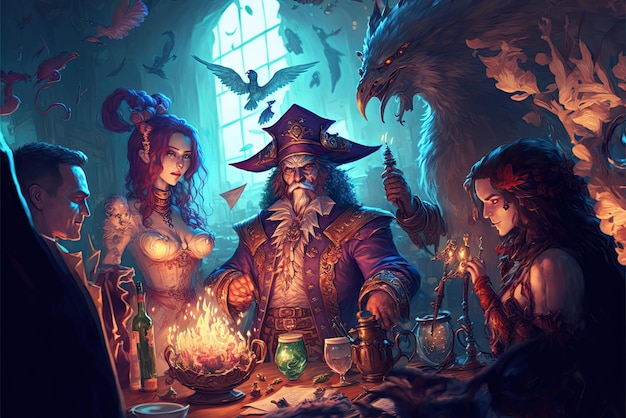 Epicka ilustracja fantasy przedstawiająca grupę poszukiwaczy przygód, piękną, magiczną, tajemniczą opowieść Generative AI