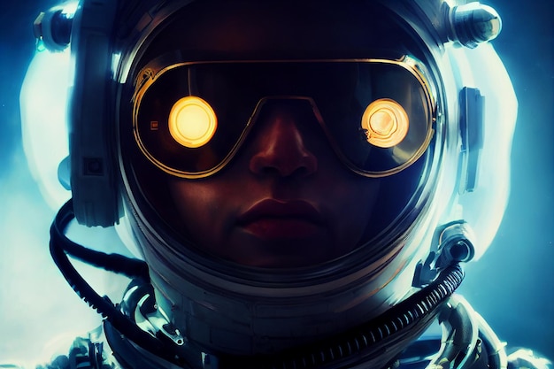 Epicka kobieta astronauta ilustracja filmowy portret cyberpunk astronauta dramatyczny oświetlenie epicka przestrzeń Futurystyczny obraz eksplorujący przestrzeń i galaktyki AI Sieć neuronowa Wygenerowana komputerowo sztuka