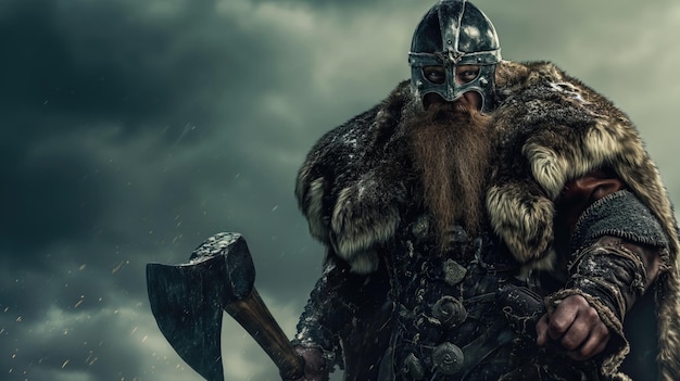 Epicka scena bitwy nordyckiego wojownika wikingów. Potężny wojownik z toporem podbijający burzliwe niebo