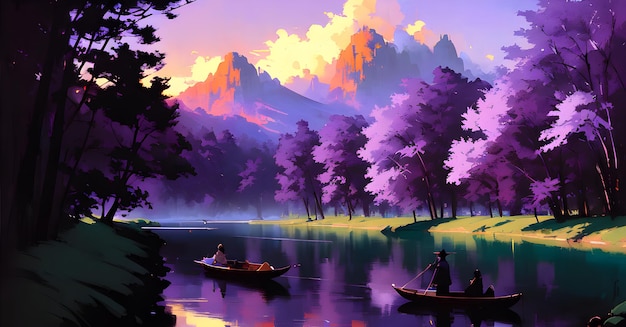Epicki krajobraz las woda rzeka zachód słońca Cyfrowe ilustracje Malarstwo Grafika Sceneria Tła Generatywna sztuczna inteligencja do druku cyfrowego obraz na płótnie Wall Art art Artykuł na blogu