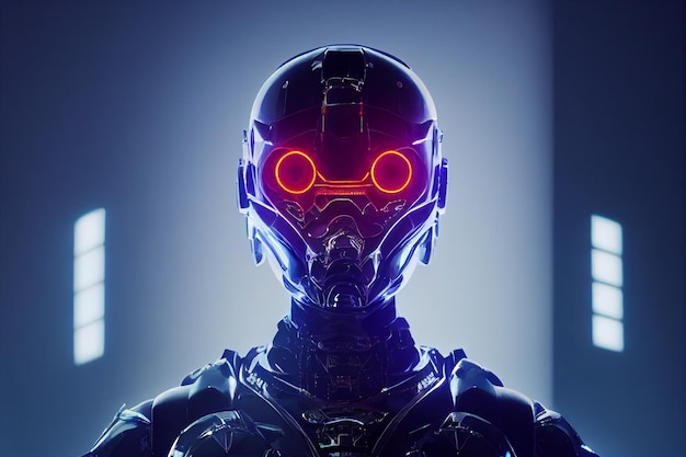 Epicki portret kobiety cyborg 3d w pełnym high-tech pomarańczowych promieniach Exo Suit Akcenty oświetleniowe LED AI Generated Art