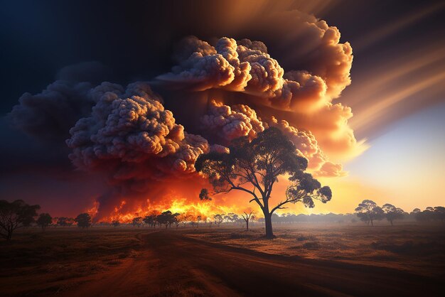 Epickie pęcherzyki dymu wznoszące się wysoko w niebo na tle pustyni
