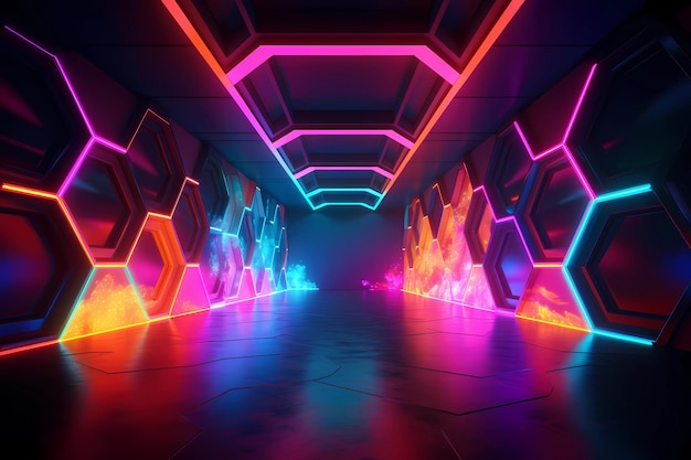 epiczny tunel neonowy z sześciokątnym tłem