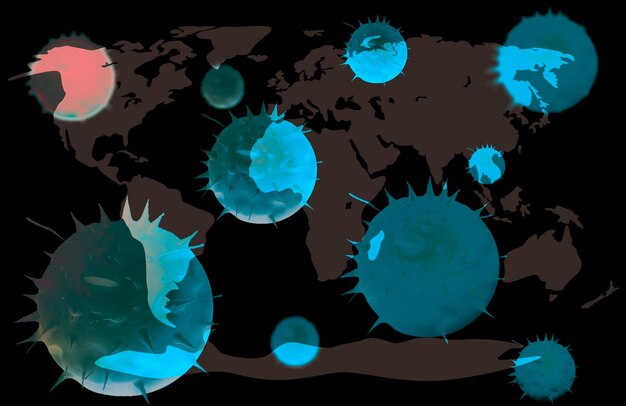 Zdjęcie epidemiczny koronawirus. cząsteczki wirusa na świecie mup. przypadki niebezpiecznego szczepu grypy. epidemia choroby. pojęcie problemu zdrowotnego. atak wirusów.