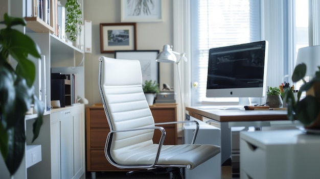 Ergonomiczne miejsce pracy Szczegółowe zdjęcia podkreślające ergonomiczne meble i akcesoria w biurze domowym, dające pierwszeństwo komfortowi i zdrowiu