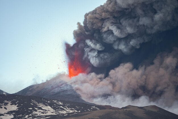 Zdjęcie erupcja etny 2022 i zimowy śnieg