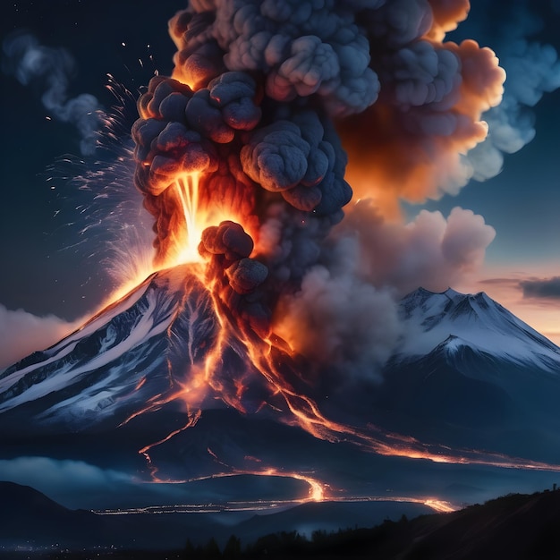 Erupcja góry wyrzuca dym płomień popiół zniszczenie niebezpieczeństwo i zanieczyszczenie
