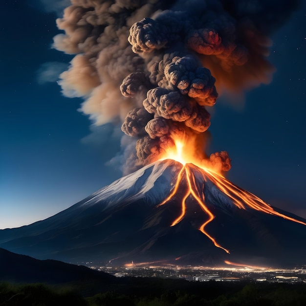 Erupcja góry wyrzuca dym płomień popiół zniszczenie niebezpieczeństwo i zanieczyszczenie