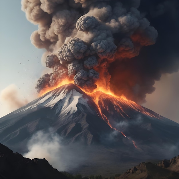 Erupcja góry wyrzuca dym płomień popiół zniszczenie niebezpieczeństwo i zanieczyszczenie