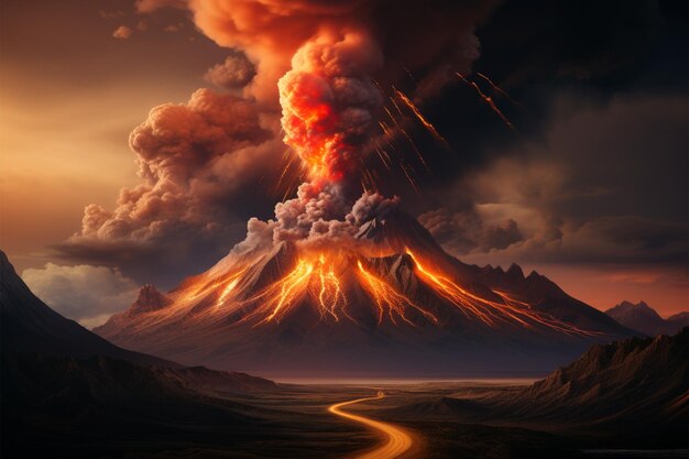 Zdjęcie erupcja kolosalnego wulkanu rzuca na niebo ognisty pokaz