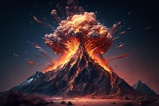 Erupcja . Wulkaniczna góra w erupcji. Generatywna sztuczna inteligencja.