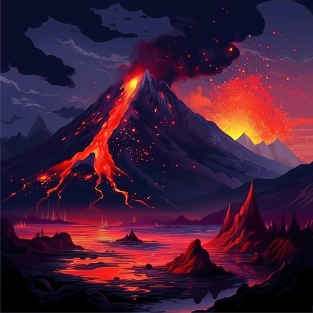 Erupcja wulkaniczna z widokiem na górzysty teren i wodę