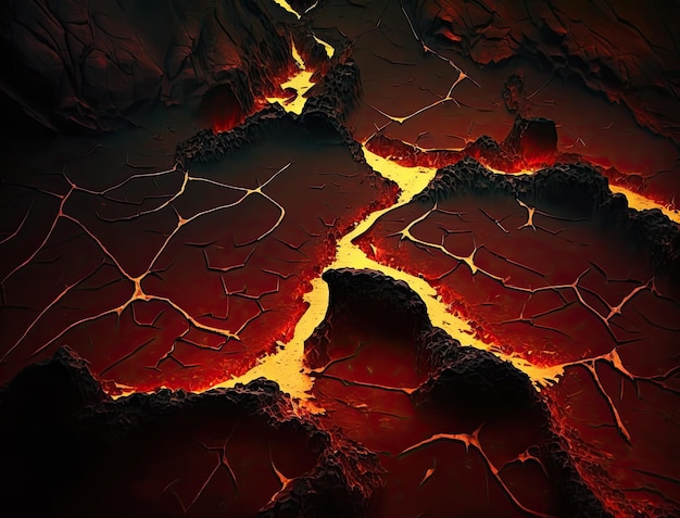 Erupcja wulkanu stopiła pękniętą teksturę lawy z żółto-pomarańczową świecącą spaloną magmą w wulkanie
