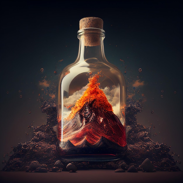 Erupcja wulkanu w zamkniętej szklanej butelce Generatywna ilustracja AI