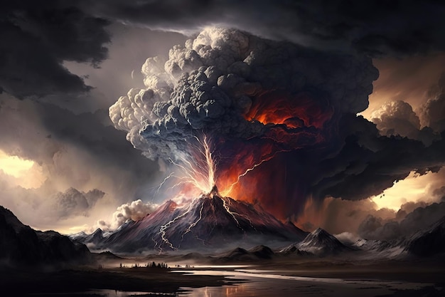 Erupcja wulkanu Wulkan Ai wybucha gorącym ogniem lawy i kłębami dymu