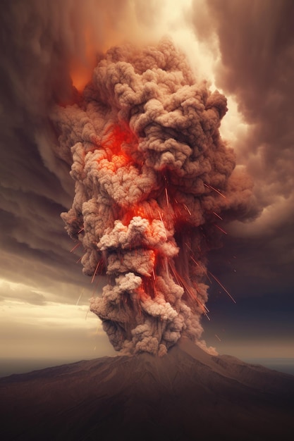 Erupcja wulkanu z chmurą lawy i popiołu utworzoną za pomocą generatywnej sztucznej inteligencji