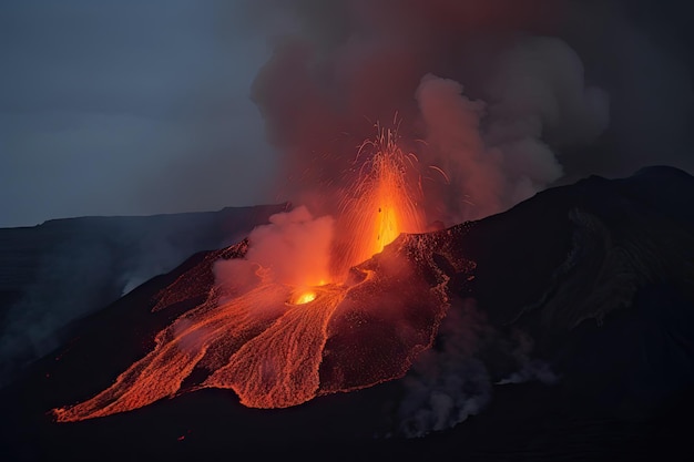 Erupcja wulkanu z lawą spływającą po zboczach wulkanu