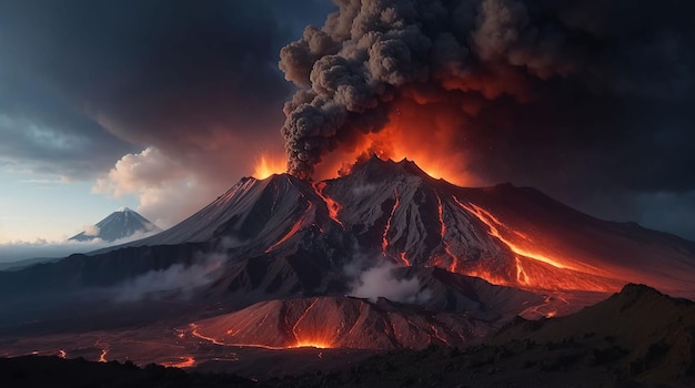 Erupcja wulkanu z ogromnymi wybuchami lawy i gorącymi chmurami wznoszącymi się wysoko w niebo.