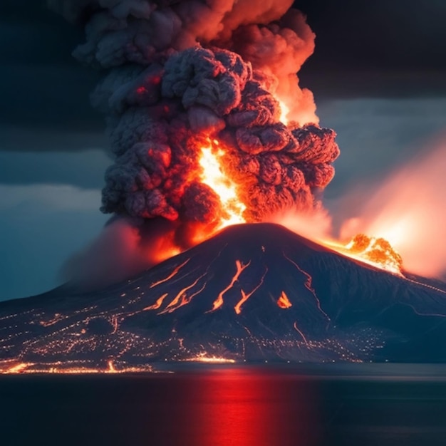 Erupcja Wulkanu Z Ogromnymi Wybuchami Lawy I Gorącymi Chmurami Wznoszącymi Się Wysoko W Niebo.