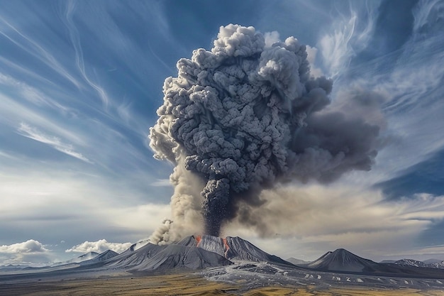 Erupcja wulkanu z popiołem i dymem na niebie