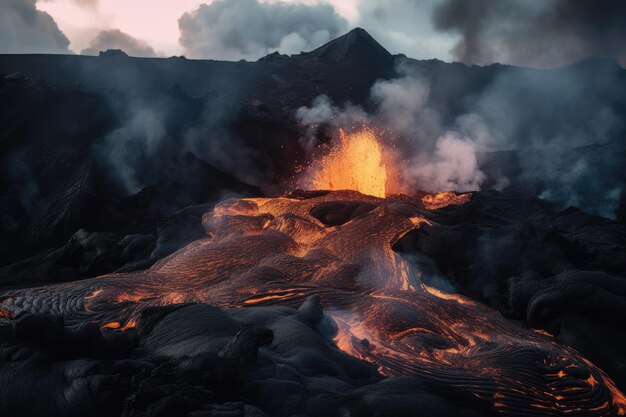 Erupcja wulkanu z potężnym strumieniem lawy tworzącym nowy krajobraz