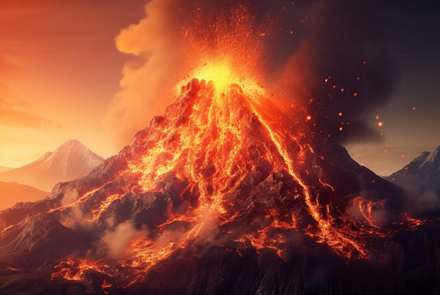 Erupcje wulkanów Lawa spływa po zboczu generatywnym ai