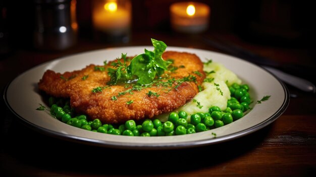 Escalope z kurczaka lub schnitzel z kurczaka z ziemniakami i zielonym grochem