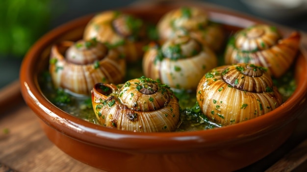 Escargot Delikatne ślimaki pieczone w czosnku i masle z ziołami klasyczny francuski przysmak