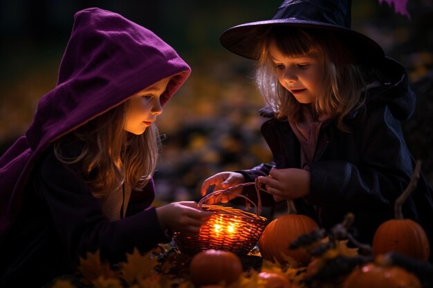 Zdjęcie escena callejera colorida de halloween dzieci haciendo truco o trato con una gran linterna