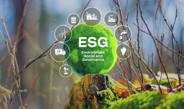 ESG Środowiskowa społeczna koncepcja zarządzania inwestycjami biznesowymi Ikony ESG Inwestycje